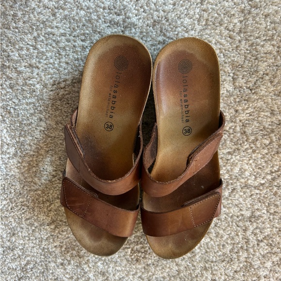 Carmel Brown Leather Slide Sandals - Picture 1 of 5